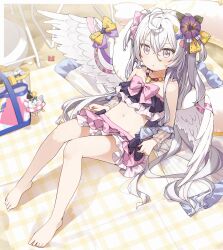 Rule 34 | 1girl, absurdres, azusa (blue archive), azusa (swimsuit) (blue archive), bare shoulders, barefoot, bikini, black bikini, blue archive, closed mouth, commentary request, day, feathered wings, flower, full body, grey eyes, grey hair, hair between eyes, hair flower, hair ornament, highres, knees together feet apart, knees up, legs, long hair, looking at viewer, navel, official alternate costume, outdoors, pink bikini, purple flower, sitting, solo, strapless, strapless bikini, swimsuit, toes, very long hair, white wings, wings, yukie (kusaka shi)