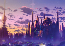 Rule 34 | antennae, bad id, bad pixiv id, building, cannon dancer, city, cloud, cyberpunk, fateline alpha, house, no humans, original, realistic, scenery, science fiction, skyscraper, space elevator, star (sky), strider (video game), sunset, tower