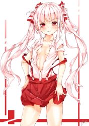 Rule 34 | 1girl, \m/, adapted costume, albino, alternate costume, alternate hairstyle, bad id, bad pixiv id, blush, breasts, center opening, cleavage, collarbone, collared shirt, cowboy shot, framed, fujiwara no mokou, grin, hair ribbon, hair up, hand on own hip, highres, long hair, looking at viewer, maremay0513, midriff, miniskirt, navel, no bra, off shoulder, open clothes, open shirt, pleated skirt, red eyes, red skirt, ribbon, shirt, short sleeves, sidelocks, signature, simple background, skirt, small breasts, smile, solo, standing, strap slip, suspender skirt, suspenders, suspenders slip, torn clothes, torn sleeves, touhou, twintails, very long hair, white background, white hair, white shirt
