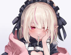 Rule 34 | 1girl, black dress, blush, candy, cardigan, cigarette candy, clothing cutout, dress, flat chest, food, grey hair, hand on own cheek, hand on own face, head rest, heart cutout, looking down, maid headdress, makaino ririmu, mamadasky, multicolored hair, nijisanji, open cardigan, open clothes, pink cardigan, pink eyes, pink hair, pointy ears, short hair, solo, streaked hair, two-tone hair, upper body, virtual youtuber