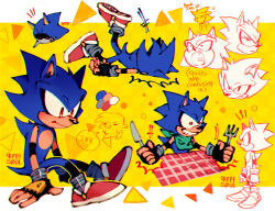 Rule 34 | 2boys, 9474s0ul, alternate universe, animal ears, animal nose, artist self-insert, black gloves, checkered background, closed mouth, color guide, english text, faceplant, falling, fingerless gloves, fork, furry, furry male, gloves, grin, highres, holding, holding fork, holding knife, knife, male focus, metal sonic, multiple boys, multiple views, open mouth, red eyes, red footwear, robot, shoes, sitting, smile, sonic (series), standing, tail, yellow background