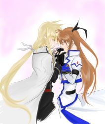 Rule 34 | 00s, 2girls, blonde hair, brown hair, cape, collared shirt, fate testarossa, fate testarossa (impulse form), from side, holding, holding hands, interlocked fingers, long hair, long sleeves, lyrical nanoha, magical girl, mahou shoujo lyrical nanoha, mahou shoujo lyrical nanoha strikers, multiple girls, ponytail, profile, shirt, takamachi nanoha, takamachi nanoha (exceed mode), twintails, very long hair, white shirt, yuri