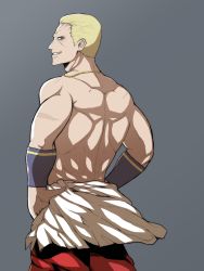Rule 34 | 1boy, armband, back, blonde hair, evil, evil grin, evil smile, facing away, fatal fury, geese howard, grin, hakama, hakama skirt, helping-hand, highres, japanese clothes, jewelry, male focus, necklace, skirt, smile, smirk, snk, solo, the king of fighters, the king of fighters xiv