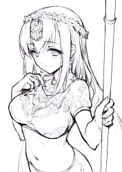 Rule 34 | 1girl, earrings, fate/grand order, fate (series), greyscale, haoni, indian clothes, jewelry, matou sakura, midriff, monochrome, necklace, parvati (fate), polearm, sketch, spear, weapon