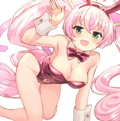 Rule 34 | 1girl, :d, absurdres, all fours, animal ear fluff, animal ears, arm up, bare legs, bare shoulders, blush, bow, bowtie, breasts, cat ears, cat girl, cat tail, cleavage, clothing cutout, collar, detached collar, fake animal ears, fang, green eyes, hair between eyes, heart cutout, highres, knees together feet apart, leotard, long hair, looking at viewer, medium breasts, navel, navel cutout, nyama, open mouth, pink bow, pink bowtie, pink hair, pink leotard, pink theme, playboy bunny, rabbit ears, rosia (show by rock!!), show by rock!!, simple background, smile, solo, strapless, strapless leotard, tail, twintails, very long hair, white background, white collar, wing collar, wrist cuffs