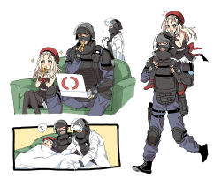 Rule 34 | 1girl, 2boys, absurdres, beret, black pantyhose, blush, carrying, closed eyes, coach, commentary request, crossover, doc (rainbow six siege), dress, eating, food, girls&#039; frontline, gloves, hat, helmet, highres, lab coat, long hair, long sleeves, military operator, mp5 (girls&#039; frontline), multiple boys, open mouth, pantyhose, pizza, pizza box, pizza slice, rainbow six siege, red headwear, rook (rainbow six siege), sanso (kasyawamoti), shoulder carry, simple background, sitting, sleeping, sleeveless, sleeveless dress, spoken zzz, walking, white background, white gloves, zzz