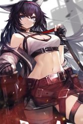 Rule 34 | 1girl, animal ears, arknights, armpits, bare shoulders, belt, belt pouch, black gloves, black hair, black skirt, blaze (arknights), blue eyes, blurry, breasts, cleavage, closed mouth, cowboy shot, crop top, depth of field, framed breasts, gloves, goomrrat, hairband, hand up, highres, holding, jacket, large breasts, long hair, long sleeves, looking at viewer, midriff, miniskirt, multiple belts, navel, off shoulder, open clothes, open jacket, partially fingerless gloves, pouch, shirt, skirt, sleeveless, sleeveless shirt, smile, solo, standing, stomach, strap, tank top, thighhighs, very long hair, white jacket, white shirt, zettai ryouiki