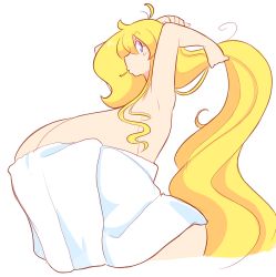 Rule 34 | 1girl, blonde hair, breasts, cassie (theycallhimcake), cowboy shot, curvy, gigantic breasts, highres, long hair, mouth hold, original, purple eyes, simple background, solo, theycallhimcake, towel, very long hair