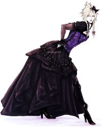 Rule 34 | 1boy, absurdres, blonde hair, bow, braid, cloud strife, crossdressing, detached sleeves, dress, final fantasy, final fantasy vii, final fantasy vii remake, frilled sleeves, frills, full body, hair bow, high heels, highres, leaning forward, male focus, official alternate costume, petticoat, serinigalini, solo, spiked hair, twin braids, wall market, water, white background