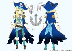 Rule 34 | 1girl, ahoge, anchor, aqua boots, aqua pants, aqua vest, bandages, bandana, belt, bicorne, black belt, black footwear, black pants, blonde hair, blue background, blue bandana, blue bandanna, blue coat, blue hat, blush, boots, breasts, buttons, character sheet, cleavage, closed mouth, coat, commentary request, concept art, copyright notice, crossed belts, dot nose, epaulettes, flat color, from behind, full body, gem, gold trim, gradient coat, green eyes, hair between eyes, hat, hat feather, high collar, jolly roger, knee boots, looking at viewer, medium breasts, multiple belts, multiple views, noatopia, open clothes, open coat, original, paisley, pants, parted bangs, pirate hat, print bandanna, raised eyebrows, sarashi, simple background, sleeve cuffs, smile, standing, studded belt, translation request, turnaround, vest, watermark, white belt, white vest, yanyo (ogino atsuki)