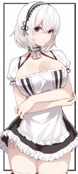 Rule 34 | 1girl, anchor choker, azur lane, black skirt, blush, breast hold, breasts, choker, cleavage, closed mouth, collarbone, dress, frilled choker, frills, hair between eyes, hairband, highres, lace-trimmed hairband, lace trim, large breasts, looking at viewer, panties, puffy short sleeves, puffy sleeves, red eyes, short hair, short sleeves, side-tie panties, sidelocks, simple background, sirius (azur lane), skirt, solo, sukebewe, thighhighs, thighs, underwear, white background, white dress, white hair, white thighhighs