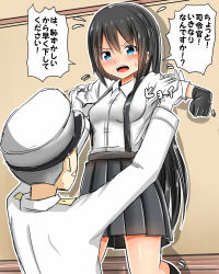 Rule 34 | 10s, 1boy, 1girl, admiral (kancolle), arm warmers, asashio (kancolle), baretto (karasi07), black gloves, black hair, black skirt, blue eyes, blush, breasts, commentary request, elbow gloves, eyebrows, gloves, hat, highres, kantai collection, lifting person, long hair, military, military hat, military uniform, open mouth, pleated skirt, school uniform, serafuku, skirt, small breasts, suspender skirt, suspenders, sweatdrop, translated, uniform