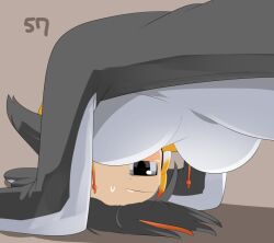 Rule 34 | 1girl, black eyes, black hair, black jacket, blush, breasts, brown background, commentary request, emperor penguin (kemono friends), hanging breasts, headphones, jacket, kemono friends, large breasts, lets0020, looking at viewer, multicolored hair, numbered, one-piece swimsuit, orange hair, planking, short hair, simple background, solo, streaked hair, swimsuit, upper body, white one-piece swimsuit