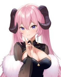 Rule 34 | 1girl, absurdres, black dress, blush, breasts, cleavage, copyright request, demon horns, dress, feather boa, hair between eyes, highres, horns, large breasts, long hair, long sleeves, looking at viewer, nail polish, parted lips, pink hair, purple eyes, purple nails, see-through, see-through sleeves, simple background, smile, solo, takeawatch, twintails, upper body, virtual youtuber, white background