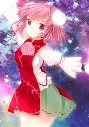 Rule 34 | 1girl, ajiriko, bad id, bad pixiv id, blouse, bracelet, breasts, double bun, female focus, flower, highres, ibaraki kasen, jewelry, long sleeves, looking at viewer, outstretched arms, pink eyes, pink flower, pink hair, pink rose, puffy sleeves, rose, shirt, short hair, skirt, sky, smile, solo, spread arms, star (sky), star (symbol), starry sky, tabard, touhou