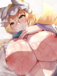 Rule 34 | 1girl, blonde hair, blush, breasts, clenched teeth, commentary request, crossed bangs, eyelashes, fox tail, grey background, hair between eyes, hand on own chest, hat, kitsune, kurokan (kokkyou oudan), large breasts, long sleeves, looking at viewer, multiple tails, nipples, open mouth, short hair, simple background, solo, stomach, suggestive fluid, sweat, tail, teeth, touhou, upper body, white hat, white sleeves, wide sleeves, yakumo ran, yellow eyes