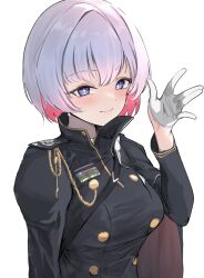 Rule 34 | + +, 1girl, black cape, black jacket, blue eyes, blush, breasts, brown cape, cape, closed mouth, colored inner hair, gloves, goddess of victory: nikke, half gloves, highres, jacket, liliweiss (nikke), looking at viewer, medium breasts, military uniform, multicolored hair, pink hair, sashimi nasu, short hair, simple background, smile, solo, star-shaped pupils, star (symbol), symbol-shaped pupils, two-sided cape, two-sided fabric, uniform, white background, white gloves, white hair