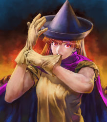 Rule 34 | 1girl, alena (dq4), biting, cape, chunsoft, curly hair, diolemonde, dragon quest, dragon quest iv, enix, glove biting, gloves, hat, highres, mouth hold, muscular, orange hair, red eyes, solo, witch hat