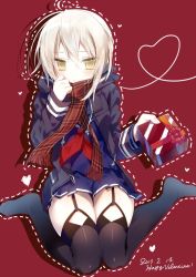 Rule 34 | 1girl, 2017, artoria pendragon (all), artoria pendragon (fate), black thighhighs, blonde hair, blue skirt, blush, closed mouth, coat, dated, dotted line, duffel coat, fate/grand order, fate (series), garter straps, gift, hair between eyes, hand up, happy valentine, heart, heart of string, highres, holding, holding gift, incoming gift, looking at viewer, mysterious heroine x alter (fate), mysterious heroine x alter (first ascension) (fate), neckerchief, open clothes, open coat, plaid, plaid scarf, pleated skirt, red neckerchief, red scarf, saber (fate), scarf, school uniform, serafuku, short hair with long locks, sidelocks, sitting, skirt, solo, thighhighs, valentine, wariza, yellow eyes, yoruneko