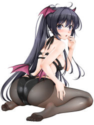 Rule 34 | 1girl, ahoge, ass, bare shoulders, black eyes, black hair, black pantyhose, blush, cameltoe, demon girl, feet, fingernails, from side, full body, halterneck, hand to own mouth, head wings, highres, leaning forward, lingerie, lips, long hair, looking back, low wings, no shoes, original, pantyhose, ponytail, simple background, sitting, solo, toranoo, underwear, very long hair, white background, wings