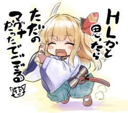 Rule 34 | 1girl, blonde hair, blush, blush stickers, bow, chibi, closed eyes, commentary request, granblue fantasy, hair bow, hakama, hakama skirt, holding, holding weapon, japanese clothes, katana, kztk, long hair, mirin (granblue fantasy), motion lines, open mouth, skirt, solo, standing, sword, translation request, vyrn (granblue fantasy), weapon, white hakama, wide sleeves
