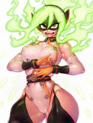 Rule 34 | 1girl, belt, black mask, boku no hero academia, breasts, burnin (boku no hero academia), covered erect nipples, covered navel, domino mask, elbow gloves, eye mask, eyebrows visible through mask, fiery hair, fire, fumio (rsqkr), gloves, green eyes, green hair, highres, large breasts, leotard, looking at viewer, mask, open mouth, shirt, sleeveless, sleeveless shirt, solo, studded, white background
