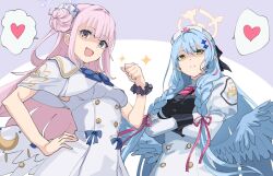 Rule 34 | 2girls, angel wings, black scrunchie, blue archive, blue hair, blue wings, braid, breasts, capelet, closed mouth, crescent, crescent pin, dress, false smile, feathered wings, green eyes, halo, heart, highres, juliet sleeves, large breasts, long hair, long sleeves, looking at viewer, mika (blue archive), mine (blue archive), momomatang, multiple girls, open mouth, pink hair, pink halo, pointy ears, puffy sleeves, scrunchie, shaded face, sleeveless, sleeveless dress, smile, spoken heart, twin braids, white capelet, white dress, white wings, wings, wrist scrunchie, yellow eyes, yellow halo