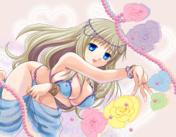 Rule 34 | 1girl, bad id, bad pixiv id, beads, bikini, blonde hair, blue eyes, blue flower, blue rose, bracelet, breast press, breasts, circlet, cleavage, dancer, fang, flower, green flower, green rose, highres, jewelry, large breasts, little busters!, long hair, lots of jewelry, mako (lovely panda house), noumi kudryavka, aged up, pink flower, pink rose, purple flower, purple rose, rose, solo, swimsuit, yellow flower, yellow rose