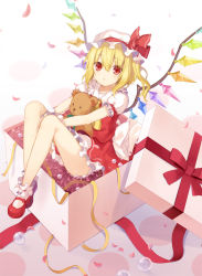 Rule 34 | 1girl, 6u (eternal land), bad id, bad pixiv id, blonde hair, blush, bobby socks, box, flandre scarlet, gift, gift box, hat, in box, in container, looking at viewer, mary janes, petals, red eyes, ribbon, shoes, short hair, side ponytail, skirt, socks, solo, stuffed animal, stuffed toy, teddy bear, thighs, touhou, white socks, wings