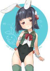 Rule 34 | 1girl, adapted costume, animal ears, artist name, black hair, black leotard, bow, circle, commentary request, covered navel, cowboy shot, dated, fake animal ears, fyuo, green sailor collar, green thighhighs, hair ribbon, highres, ishigaki (kancolle), kantai collection, leotard, looking at viewer, playboy bunny, rabbit ears, red bow, red eyes, red ribbon, ribbon, sailor collar, sailor shirt, shirt, short hair, simple background, sleeveless, sleeveless shirt, solo, strapless, strapless leotard, thighhighs, two-tone background, white background, white ribbon, wrist cuffs