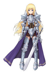 Rule 34 | 1girl, armor, armored boots, blonde hair, blue eyes, boots, cape, corset, female focus, female knight, gauntlets, grey footwear, grey legwear, highres, holding, knight, long hair, looking at viewer, armored boots, original, pleated skirt, simple background, skirt, solo, sword, weapon, white background, yuki7128