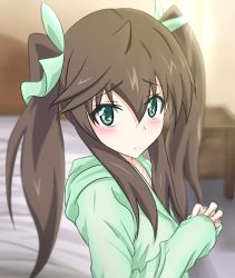 Rule 34 | 10s, 1girl, bed, brown hair, eyebrows, green eyes, green ribbon, hair between eyes, hair ribbon, highres, huang lingyin, indoors, infinite stratos, long hair, looking at viewer, own hands together, ribbon, solo, twintails, upper body, wingheart