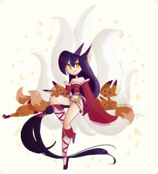 Rule 34 | 1girl, absurdly long hair, ahri (league of legends), animal ears, bare shoulders, detached sleeves, fox, fox ears, fox tail, inkinesss, korean clothes, league of legends, long hair, multiple tails, sitting, smile, solo, tail, very long hair, yellow eyes