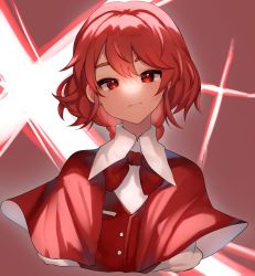 Rule 34 | 1girl, bow, bowtie, braid, braided ponytail, capelet, closed mouth, commentary, cropped torso, expressionless, eyebrows hidden by hair, head tilt, highres, long hair, looking at viewer, majime joe, okazaki yumemi, red bow, red bowtie, red capelet, red eyes, red hair, red vest, simple background, solo, touhou, touhou (pc-98), upper body, vest, wing collar