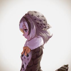Rule 34 | 10s, 1girl, bird tail, black hair, blonde hair, bow, bowtie, breasts, buttons, closed mouth, coat, from side, fur collar, grey eyes, grey hair, hair between eyes, highres, kemono friends, kyuushuu owl (kemono friends), long hair, multicolored hair, nose, orange bow, orange bowtie, profile, realistic, small breasts, solo, tail, takami masahiro, upper body, white hair