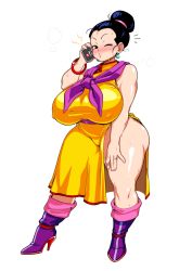 Rule 34 | 1girl, :o, black eyes, blush, boots, bracelet, breasts, bunkwizard, chi-chi (dragon ball), clothes, dragon ball, dragon ball super, ear piercing, female focus, hair bun, high heel boots, high heels, huge breasts, jewelry, large breasts, looking at viewer, mature female, one eye closed, phone, piercing, ring, simple background, single hair bun, solo, wedding ring, white background