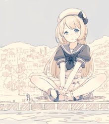 Rule 34 | 1boy, 1girl, beret, black footwear, black neckerchief, black sailor collar, black shirt, blonde hair, blue eyes, blush, bobby socks, braid, closed mouth, day, dog, dress, giant, giantess, gloves, hat, head tilt, highres, indian style, jervis (kancolle), kantai collection, kokudou juunigou, long hair, looking at viewer, mary janes, neckerchief, open mouth, outdoors, pale color, puffy short sleeves, puffy sleeves, sailor collar, sailor dress, sailor hat, shirt, shoes, short sleeves, sitting, sleeveless, sleeveless dress, socks, union jack, very long hair, water, white dress, white gloves, white hat, white legwear