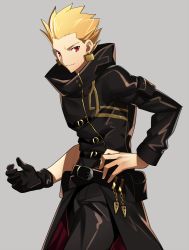 Rule 34 | 1boy, asymmetrical gloves, belt, black coat, black gloves, black pants, blonde hair, chietori, coat, earrings, fate/stay night, fate (series), gilgamesh (fate), gilgamesh (gilgamesh in ny) (fate), gloves, grey background, hand on own hip, jewelry, long sleeves, looking at viewer, male focus, official alternate costume, pants, red eyes, simple background, single glove, smile, solo, spiked hair, uneven gloves