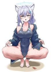 Rule 34 | 1girl, absurdres, animal ear fluff, animal ears, barefoot, blue archive, blue eyes, competition school swimsuit, competition swimsuit, cross, eujin, grey hair, heterochromia, highres, inhey, inverted cross, jacket, one-piece swimsuit, open clothes, open jacket, school swimsuit, shiroko (blue archive), sweat, swimsuit, swimsuit under clothes, thighs, wolf ears