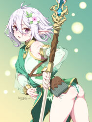 Rule 34 | 1girl, absurdres, ass, blush, breasts, commentary, cowboy shot, detached sleeves, dress, elf, flower, green dress, green panties, green sleeves, hair between eyes, hair flower, hair ornament, highres, holding, holding staff, kokkoro (princess connect!), long sleeves, looking at viewer, open mouth, panties, pointy ears, princess connect!, purple eyes, see-through, see-through sleeves, short hair, single bare shoulder, small breasts, solo, staff, umyonge (lkakeu), underwear, white flower, white hair