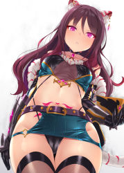 Rule 34 | 1girl, animal ear fluff, animal ears, black panties, breasts, brown hair, dark persona, ear piercing, earrings, fishnet thighhighs, fishnets, from below, gloves, jewelry, long hair, mask, panties, piercing, pink eyes, princess connect!, pubic tattoo, revealing clothes, satou kuuki, shiori (princess connect!), small breasts, solo, striped tail, tail, tattoo, thighhighs, tiger ears, tiger tail, underwear, unworn mask, upskirt