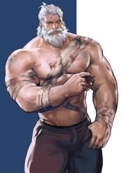 Rule 34 | 1boy, abs, bandaged arm, bandaged torso, bandages, bara, beard, black pants, cigar, commentary, dopey (dopq), english commentary, facial hair, highres, injury, looking at viewer, male focus, muscular, muscular male, mustache, old, old man, overwatch, overwatch 2, pants, pectorals, reinhardt (overwatch), scar, scar across eye, smoking, thumb in pocket, topless male, white hair