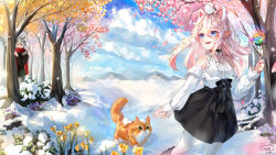 Rule 34 | 1boy, 1girl, :d, animal, animal ear fluff, animal ears, animal on head, artist name, bare shoulders, bird, bird on head, black bow, black footwear, black jacket, black skirt, blue eyes, blue sky, blush, boots, bow, cat, cat ears, center frills, cloud, cloudy sky, commentary, commission, covered mouth, dated, day, english commentary, feet out of frame, flower, frills, fur-trimmed jacket, fur trim, grey hair, grey pants, hair between eyes, heterochromia, hiding, holding, holding flower, jacket, knee boots, kobutanori, long hair, looking away, looking to the side, mountain, nose blush, off shoulder, on head, open mouth, original, outdoors, pants, pantyhose, pink hair, pointy ears, purple eyes, red scarf, scarf, shirt, skirt, sky, sleeveless, sleeveless shirt, smile, snow, solo focus, standing, standing on one leg, tree, white jacket, white pantyhose, white shirt, winter