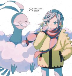 Rule 34 | 1boy, altaria, breath, character name, closed mouth, commentary request, creatures (company), eyelashes, game freak, gen 3 pokemon, green eyes, grusha (pokemon), hand in pocket, hand up, highres, jacket, long hair, long sleeves, looking to the side, male focus, mittens, nintendo, pants, pokemon, pokemon (creature), pokemon sv, scarf, striped clothes, striped scarf, wednesday 108, yellow jacket