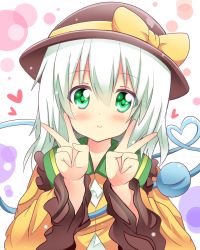 Rule 34 | 1girl, bad id, bad pixiv id, blush, bubble, double v, female focus, green eyes, hat, hat ribbon, heart, heart of string, highres, komeiji koishi, long sleeves, looking at viewer, md5 mismatch, resolution mismatch, revision, ribbon, shinekalta, silver hair, smile, solo, third eye, touhou, upper body, v, wide sleeves
