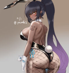 Rule 34 | 1girl, animal ears, ass, black hair, black leotard, blue archive, blush, breasts, curvy, dark-skinned female, dark skin, dated, detached collar, earrings, fake animal ears, fake tail, fishnet pantyhose, fishnets, gloves, gradient background, high ponytail, highleg, highleg leotard, huge ass, jewelry, karin (blue archive), karin (bunny) (blue archive), large breasts, leotard, long hair, looking back, number tattoo, official alternate costume, pantyhose, paundo2, playboy bunny, ponytail, rabbit ears, rabbit tail, shiny clothes, shiny skin, sideboob, simple background, solo, strapless, strapless leotard, stud earrings, tail, tattoo, twitter username, very long hair, white gloves, wide hips, wrist cuffs, yellow eyes