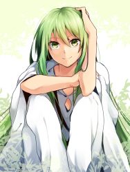Rule 34 | androgynous, bad id, bad pixiv id, cape, enkidu (fate), fate/strange fake, fate (series), gender request, green eyes, green hair, highres, ichiren namiro, knees to chest, knees to chest, long hair, looking at viewer, matching hair/eyes, robe, sidelocks, sitting, smile, solo, very long hair, white robe