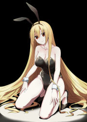 Rule 34 | 1girl, absurdly long hair, alternate costume, alternate hair length, alternate hairstyle, animal ears, arihara nanami, armpit crease, bare legs, bare shoulders, black background, black footwear, black leotard, blonde hair, breasts, chinese commentary, cleavage, closed mouth, collarbone, commentary, curvy, eyelashes, fake animal ears, full body, gluteal fold, groin, hair between eyes, hair down, hands on own thighs, highleg, highleg leotard, highres, kneeling, large breasts, leotard, long hair, looking at viewer, playboy bunny, qumai79, rabbit ears, red eyes, riddle joker, simple background, smile, solo, spotlight, straight hair, strapless, strapless leotard, thighs, tiptoes, very long hair, white wrist cuffs, wrist cuffs
