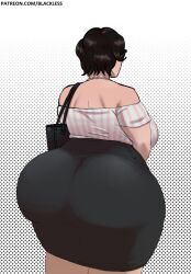 Rule 34 | 1girl, 2019, artist name, ass, ass focus, bag, bare shoulders, black hair, black skirt, blackless, breasts, commentary, cowboy shot, crop top, english commentary, female focus, from behind, gradient background, handbag, highres, huge ass, huge breasts, large breasts, looking ahead, mature female, original, patterned background, plump, shirt, short hair, sideboob, simple background, skirt, solo, standing, striped clothes, striped shirt, thick thighs, thighs, wide hips