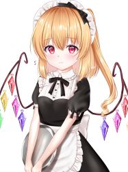 Rule 34 | 1girl, alternate costume, alternate eye color, back bow, black bow, black dress, blonde hair, blouse, blush, bow, breasts, buttons, closed mouth, collared shirt, commentary request, crystal, dress, enmaided, flandre scarlet, flying sweatdrops, frills, grey bow, hair between eyes, hair bow, heart, highres, jewelry, looking at viewer, maid, maid headdress, medium breasts, multicolored wings, nyanyanoruru, pink eyes, ponytail, puffy short sleeves, puffy sleeves, shirt, short hair, short sleeves, side ponytail, simple background, smile, solo, standing, sweat, sweatdrop, touhou, tray, white background, white shirt, wings